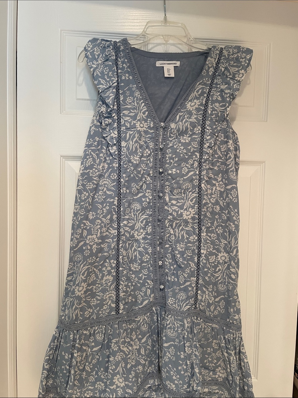 Lucky Brand Dusty Blue and White Floral Midi Dress knee length